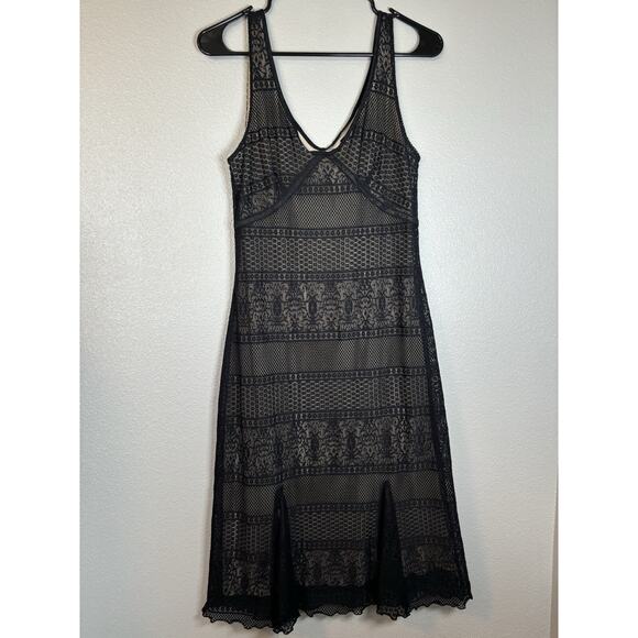 IDEOLOGY Lace‎ Sheath Dress Medium Black W/ Beige Underlayer Cocktail Sleeveless - Picture 1 of 7